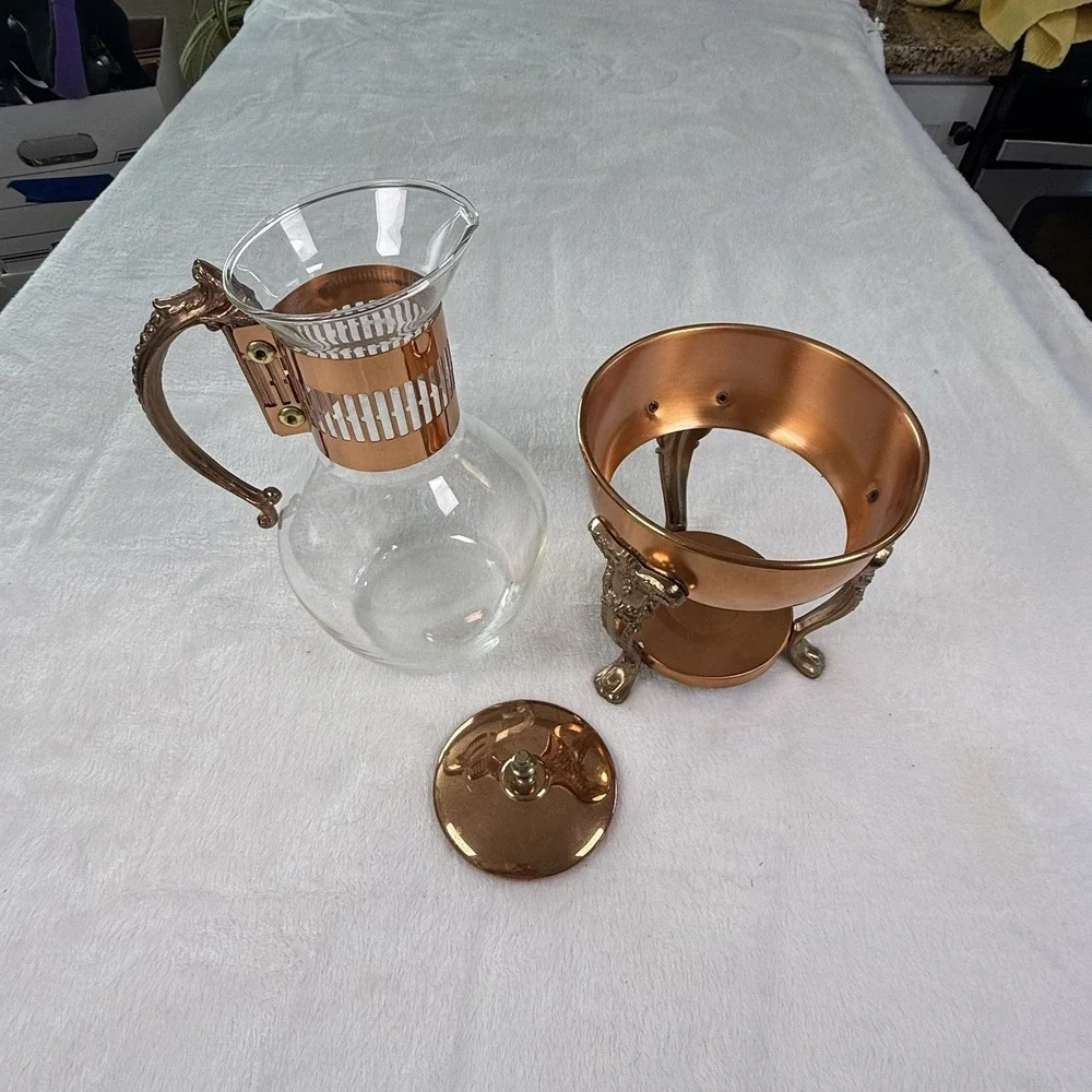 Vintage Corning Heat Proof Glass Carafe Pot with Copper Warmer Stand MCM 8 Cup